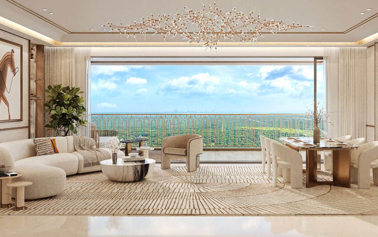 Living room opening onto a deck with forest views